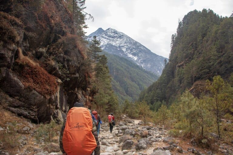 Randonnée au Népal sur un chemin caillouteux dans une forêt en direction d'une montagne Akaoka