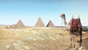 Pyramide et merveille de Louxor, un chameau dans le désert au milieu des pyramides